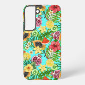 Tropische mix-fruit, bloemen en bladeren op blauw samsung galaxy hoesje (Achterkant)