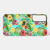 Tropische mix-fruit, bloemen en bladeren op blauw samsung galaxy hoesje (Achterkant horizontaal)