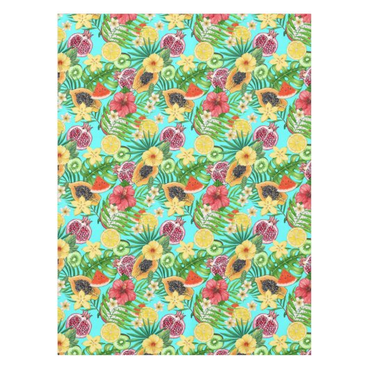 Tropische mix-fruit, bloemen en bladeren op blauw tafelkleed (Voorkant)