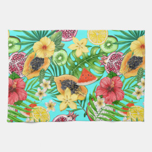 Tropische mix-fruit, bloemen en bladeren op blauw theedoek