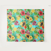 Tropische mix-fruit, bloemen en bladeren op blauw wandkleed (Voorkant (horizontaal))