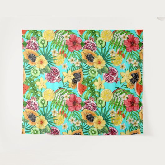 Tropische mix-fruit, bloemen en bladeren op blauw wandkleed (Voorkant (horizontaal))