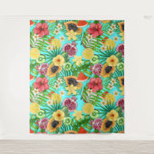 Tropische mix-fruit, bloemen en bladeren op blauw wandkleed (Voorkant)