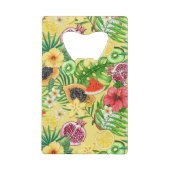 Tropische mix-fruit, bloemen en bladeren op geel creditkaart flessenopener (Achterkant)