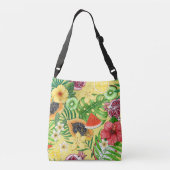 Tropische mix-fruit, bloemen en bladeren op geel crossbody tas (Achterkant)