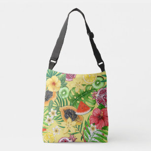 Tropische mix-fruit, bloemen en bladeren op geel crossbody tas
