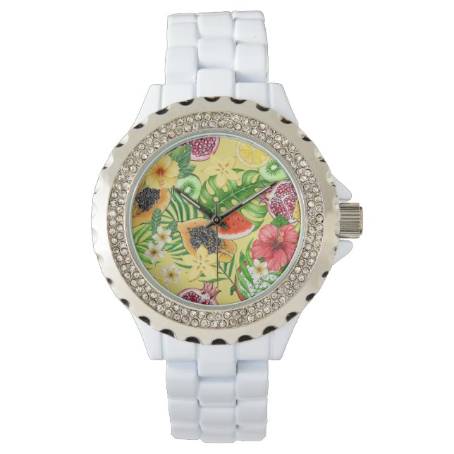 Tropische mix-fruit, bloemen en bladeren op geel horloge (Voorkant)