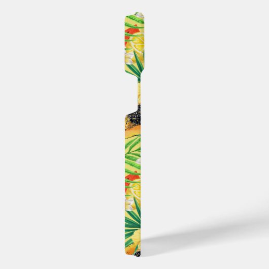 Tropische mix-fruit, bloemen en bladeren op geel iPhone hoesje (Rechterkant)