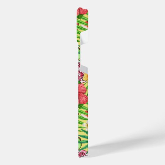 Tropische mix-fruit, bloemen en bladeren op geel iPhone hoesje (Linkerkant)