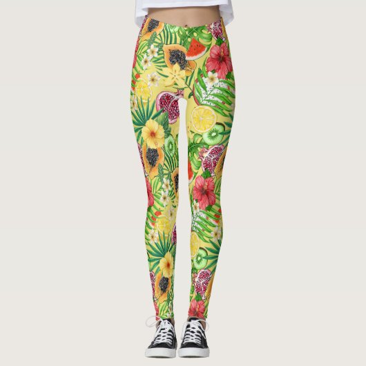 Tropische mix-fruit, bloemen en bladeren op geel leggings (Voorkant)