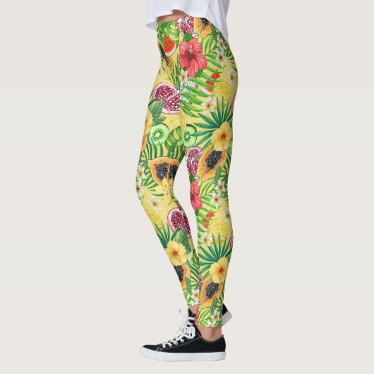 Tropische mix-fruit, bloemen en bladeren op geel leggings (Links)