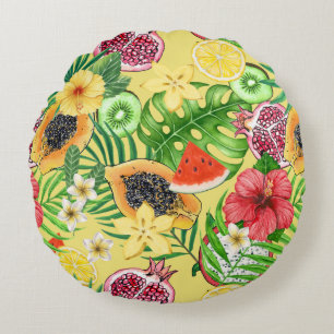 Tropische mix-fruit, bloemen en bladeren op geel rond kussen