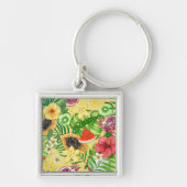 Tropische mix-fruit, bloemen en bladeren op geel sleutelhanger (Voorkant)