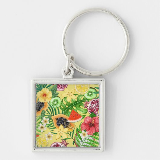 Tropische mix-fruit, bloemen en bladeren op geel sleutelhanger (Voorkant)