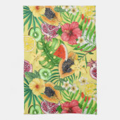 Tropische mix-fruit, bloemen en bladeren op geel theedoek (Verticaal)
