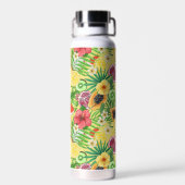 Tropische mix-fruit, bloemen en bladeren op geel waterfles (Achterkant)