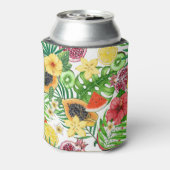 Tropische mix-fruit, bloemen en bladeren op wit blikjeskoeler (Blikje Achterkant)