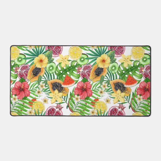 Tropische mix-fruit, bloemen en bladeren op wit bureaumat (Voorkant)
