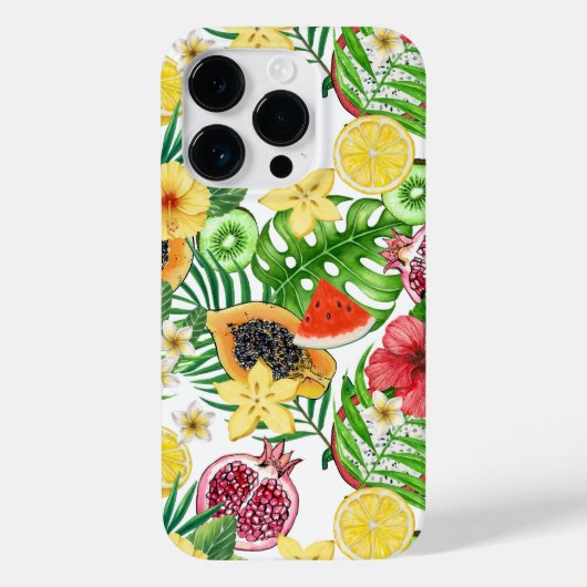 Tropische mix-fruit, bloemen en bladeren op wit Case-Mate iPhone case (Achterkant)
