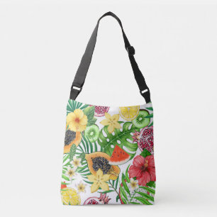 Tropische mix-fruit, bloemen en bladeren op wit crossbody tas