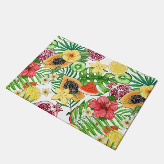 Tropische mix-fruit, bloemen en bladeren op wit deurmat (Schuin)