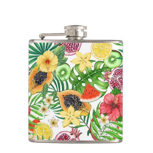 Tropische mix-fruit, bloemen en bladeren op wit heupfles (Voorkant)
