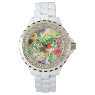 Tropische mix-fruit, bloemen en bladeren op wit horloge
