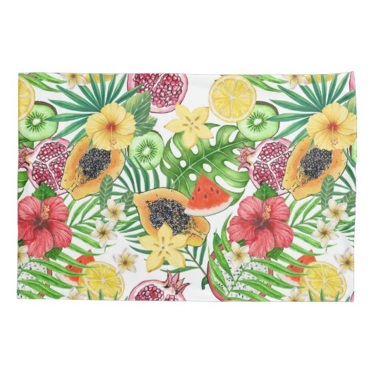 Tropische mix-fruit, bloemen en bladeren op wit kussensloop (Achterkant-Links)