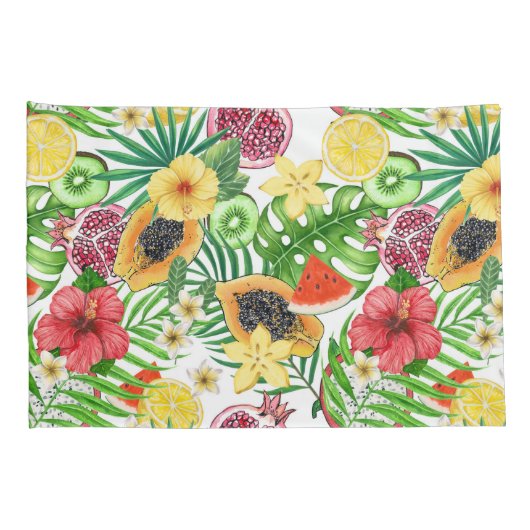 Tropische mix-fruit, bloemen en bladeren op wit kussensloop (Achterkant-Rechts)