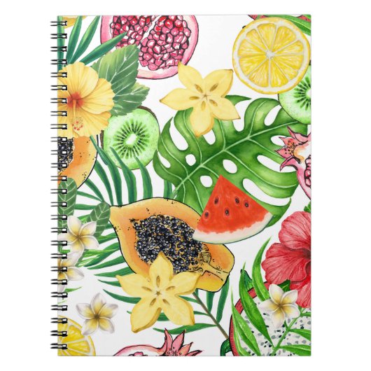 Tropische mix-fruit, bloemen en bladeren op wit notitieboek (Voorkant)