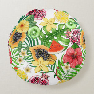 Tropische mix-fruit, bloemen en bladeren op wit rond kussen