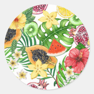 Tropische mix-fruit, bloemen en bladeren op wit ronde sticker