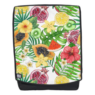 Tropische mix-fruit, bloemen en bladeren op wit rugtassen