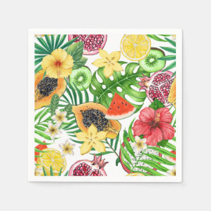 Tropische mix-fruit, bloemen en bladeren op wit servet