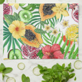 Tropische mix-fruit, bloemen en bladeren op wit theedoek (Gevouwen)