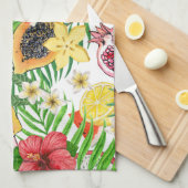 Tropische mix-fruit, bloemen en bladeren op wit theedoek (Quarter Fold)