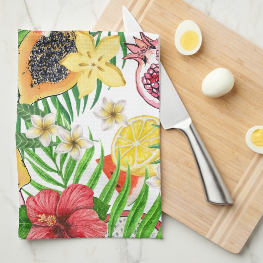 Tropische mix-fruit, bloemen en bladeren op wit theedoek (Quarter Fold)