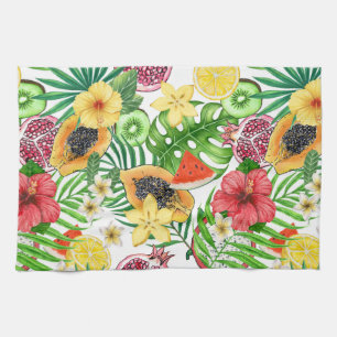 Tropische mix-fruit, bloemen en bladeren op wit theedoek