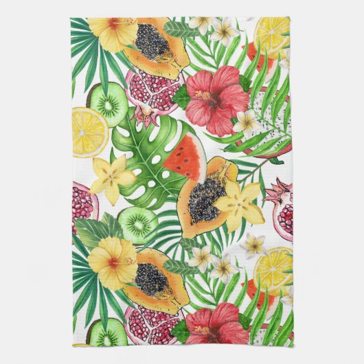 Tropische mix-fruit, bloemen en bladeren op wit theedoek (Verticaal)