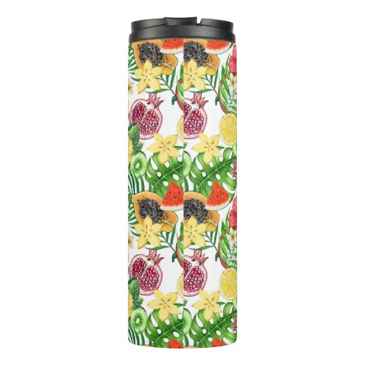 Tropische mix-fruit, bloemen en bladeren op wit thermosbeker (Achterkant)