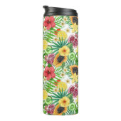 Tropische mix-fruit, bloemen en bladeren op wit thermosbeker (Geroteerd rechts)