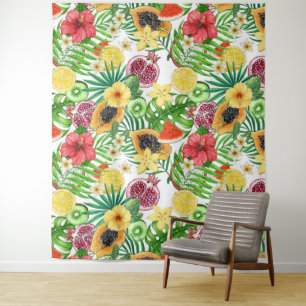 Tropische mix-fruit, bloemen en bladeren op wit wandkleed