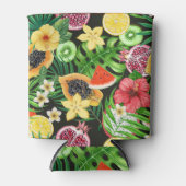 Tropische mix-fruit, bloemen en bladeren op zwart blikjeskoeler (Voorkant)