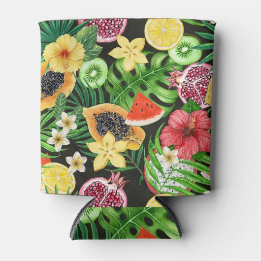 Tropische mix-fruit, bloemen en bladeren op zwart blikjeskoeler (Voorkant)