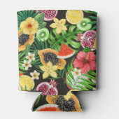 Tropische mix-fruit, bloemen en bladeren op zwart blikjeskoeler (Achterkant)