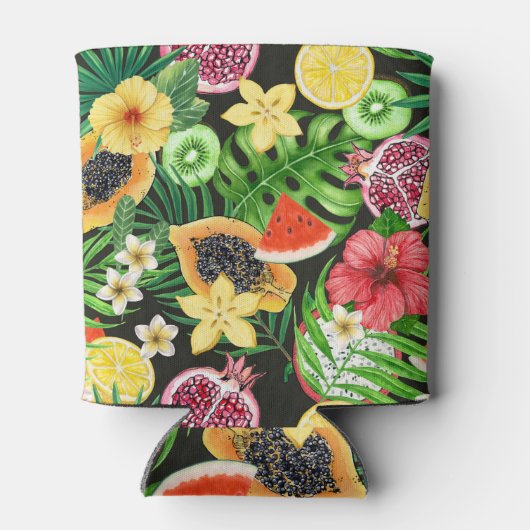 Tropische mix-fruit, bloemen en bladeren op zwart blikjeskoeler (Achterkant)