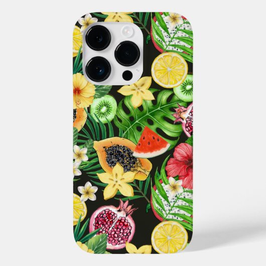 Tropische mix-fruit, bloemen en bladeren op zwart Case-Mate iPhone case (Achterkant)