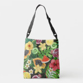 Tropische mix-fruit, bloemen en bladeren op zwart crossbody tas (Achterkant)