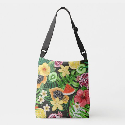 Tropische mix-fruit, bloemen en bladeren op zwart crossbody tas (Voorkant)