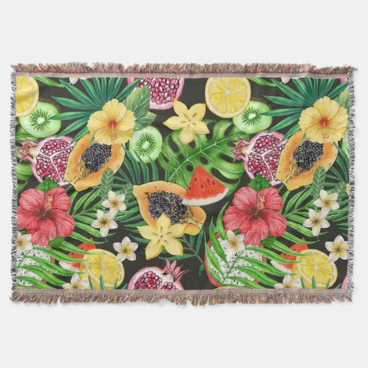 Tropische mix-fruit, bloemen en bladeren op zwart deken (Voorkant)